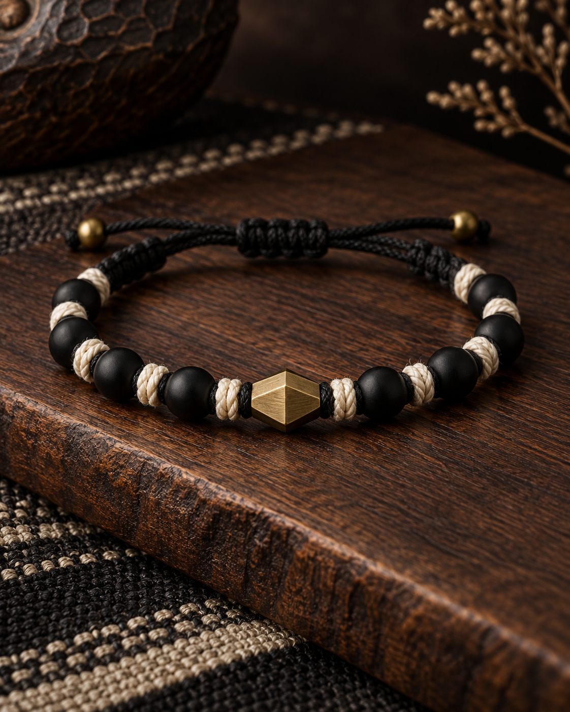 Black onyx and ivory fiber bracelet with geometric brass centerpiece