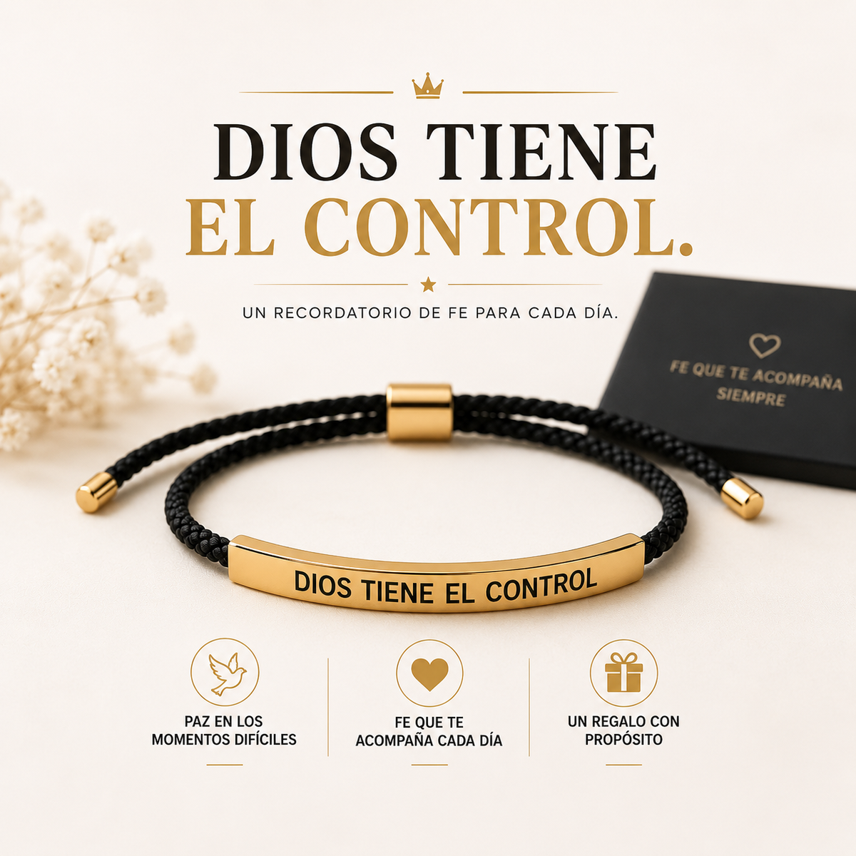 Pulsera trenzada negra con placa dorada