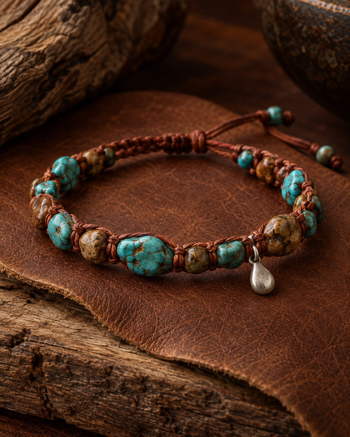 Turquoise and brown stone bracelet on rust braided cord
