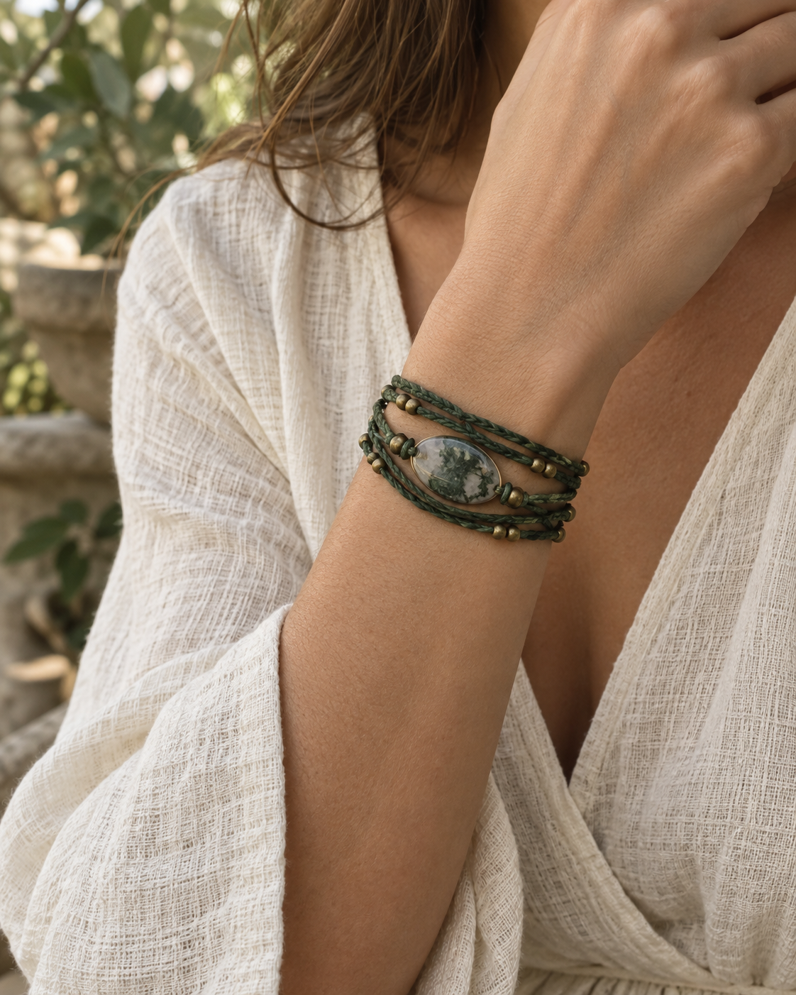 Green wrap bracelet with moss agate centerpiece