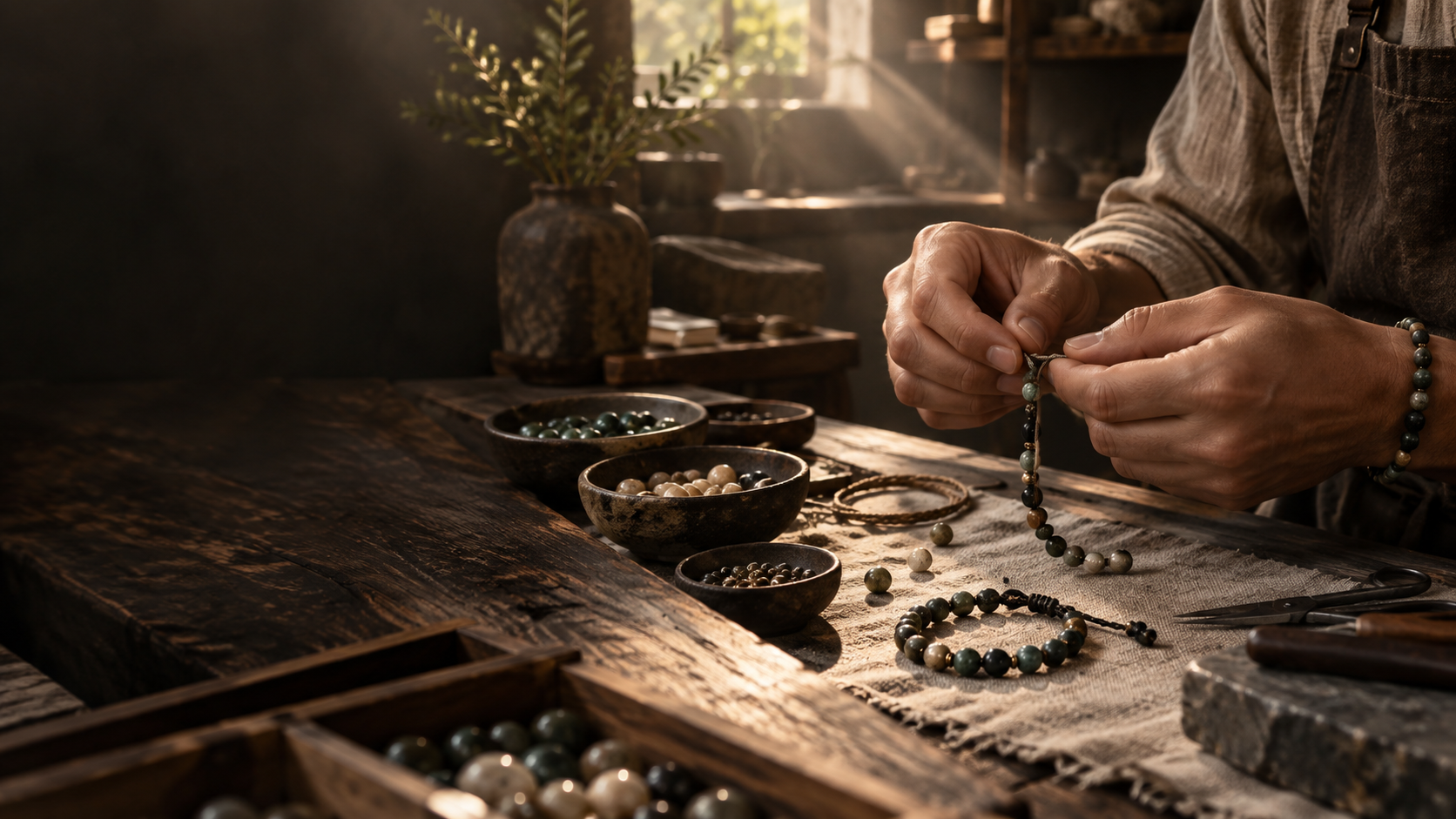 Artisan making a stone bracelet in warm studio light